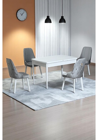Monera Beyaz 80 x 132 Açılabilen Sunta Masa Metal Ayaklı Mutfak Masası Takımı 4 Gri Sandalye Monera Beyaz 80 x 132 Açılabilen Sunta Masa Metal Ayaklı Mutfak Masası Takımı 4 Gri Sandalye