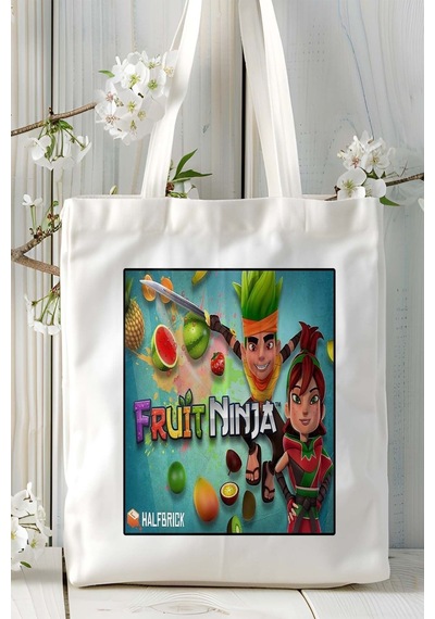 Art Hediye Fruit Ninja Mobil Oyun Baskılı Bez Çanta Omuz Çantası Çift Tafaflı Baskı Kişiye Özel 3 Çok Renkli