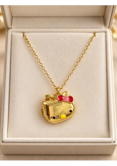 Hello Kitty Figürlü 316l Paslanmaz Çelik Gold Renk Açılır Kapaklı Kolye Altın - Gümüş