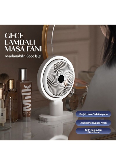 Usb Şarjlı Lambalı Masaüstü Mini Fan 3 Kademeli Hız Ayarlı 180 Derece Vantilatör