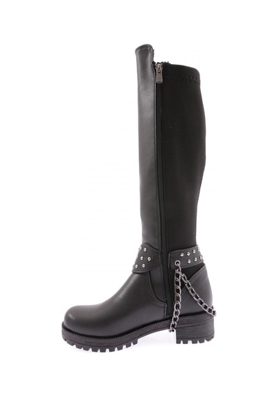 Dgn 607 Kadın Bilek Tokalı Zincir Detaylı Arkası Stretch Knee High Flats Çizme Siyah