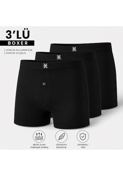 X-man 704 Erkek 3 Adet Düz Renk Düğmeli Stretch Boxer Sıyah