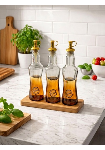 Ahşap Standlı 3 Lü Cam Yağdanlık Seti 250 Ml Zeytinyağı Sirkelik Limonluk Balsamic Şişe Şeffaf