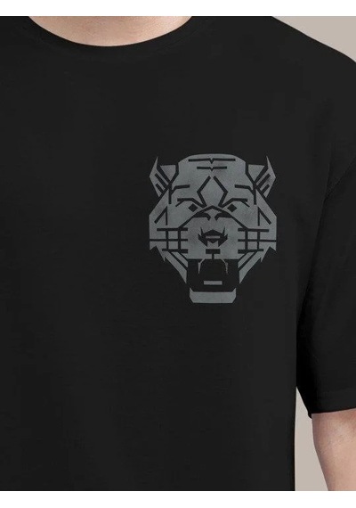 Erkek Kısa Kol Yazlık Tişört Bisiklet Yaka Aslan Baskılı T-shirt - Siyah