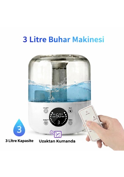 3 Litre Kapasiteli Led Ekranlı Akıllı Hava Nemlendirici 3 Seviyeli Buhar Ayarı, Geniş Alan Etkisi