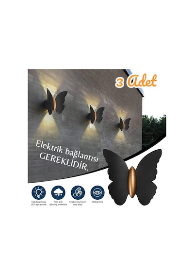 3 Adet Elektrikle Çalışır, 6 Watt Gün Işığı Ledli Kelebek Duvar Aplik İç Ve Dış Mekan Ip65 Aplik Gün Işığı - Sarı