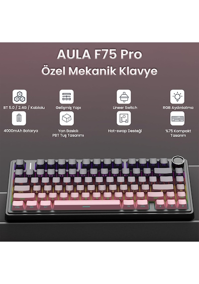 Aula F75 Mekanik Rgb Tkl Reaper Switch Kablosuz Makrolu Hot Swap Klavye Gradyan Pembe