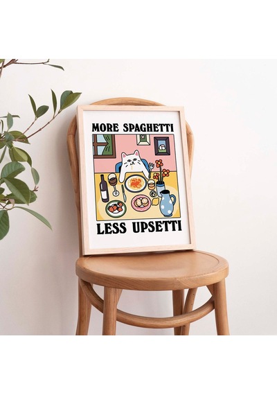 Daha Fazla Spagetti Daha Az Pişmanlık Kedi Baskısı, Retro Lokanta Posteri, Bistro Yemek Makarna Posterleri