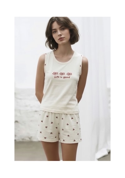 Feg Store Kadın Ekru Kiraz Ve Çiçek Desenli Şortlu Sıfır Kollu Alt Üst Pijama Takımı