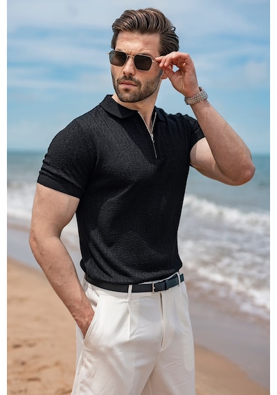 Madmext Siyah Regular Fit Polo Yaka Triko Erkek Tişört E7503