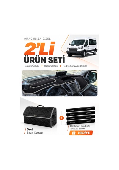 Ford Transit Kapaklı 2013-2018 Uyumlu Torpido Örtüsü + Deri Bagaj Çantası + Sticker - Siyah Gri
