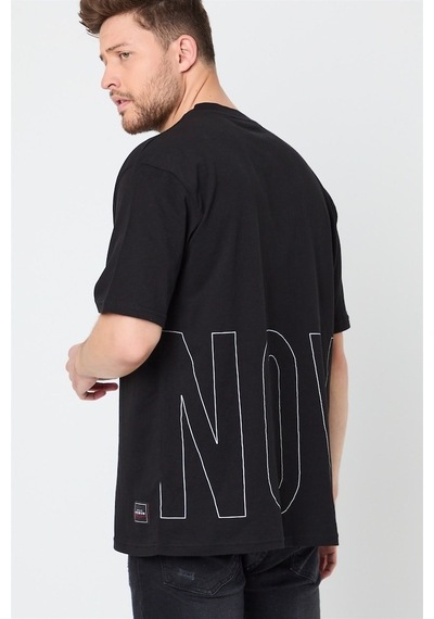 Comeor Erkek Siyah Baskılı Basic Oversize Bisiklet Yaka T Shirt Siyah