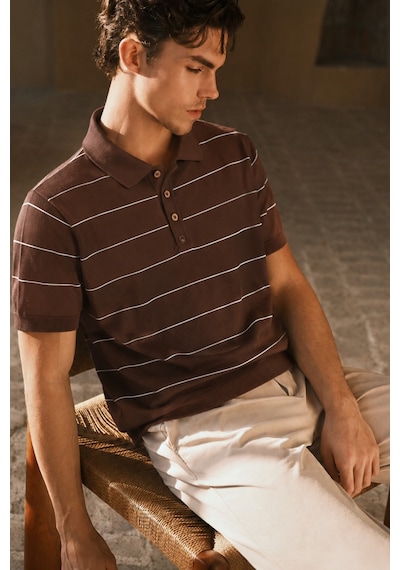 Tarz Cool Erkek Old Money Çizgili Polo Yaka Triko Tişört Slim Fit Kahverengi