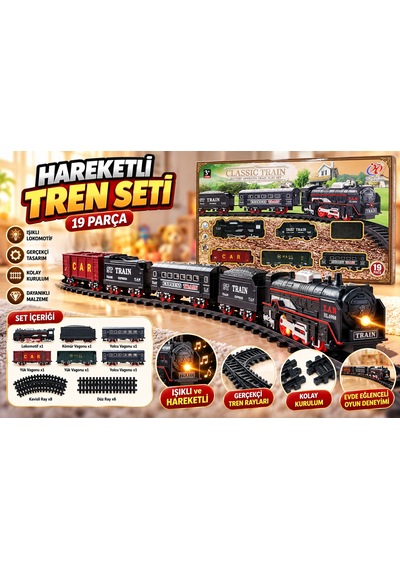 19 Parça Hareketli Oyuncak Tren Seti Işıklı Lokomotif Ve Raylı Tren Oyunu