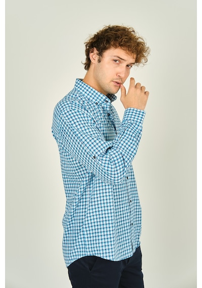 Figs Erkek Slim Fit Ekoseli Uzun Kollu %100 Pamuk Gömlek 0016 Mavi Mavi