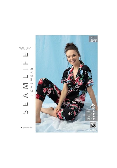 Seamlife Kadın Kısa Kol Dokuma Gömlek Pijama Takımı Koyu Siyah