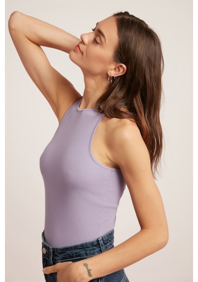 Ethıquet Mıra Kadın Fitilli Görünümlü Pamuklu Regular Fit Halter Yaka Sıfır Kollu Lila Atlet