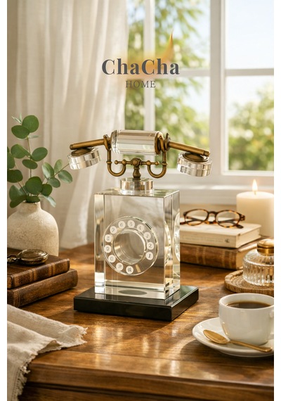 Dikey Kristal Cam Nostaljik Telefon Obje 28x23 Cm - Çevirme Tuşlu Lüks Ofis Masası Aksesuarı Biblo