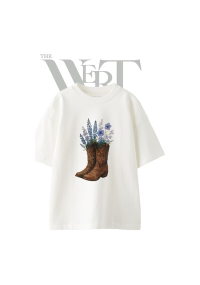 Thewert Cicekli Kovboy Cizmesi Tasarım Baskılı Ünisex Beyaz Oversize T-shirt