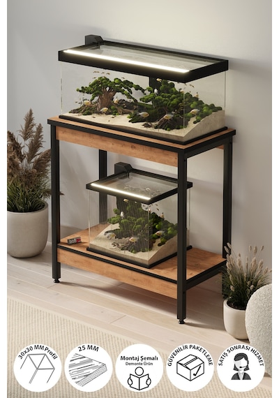 Akvaryum Sehpası Yan Sehpa Metal Ayaklı Sehpa 80 X 40 Cm Çam Çam