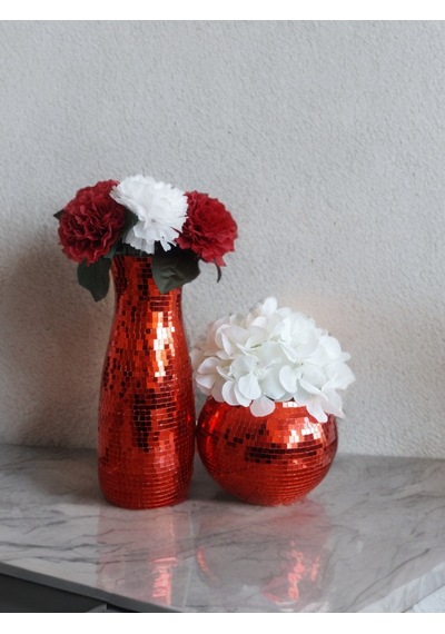 Işıltı Home Desing Aynalı Cam Vazo 2 Li Set Kırmızı Kırmızı