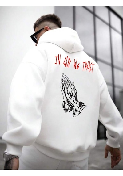 Altamira Erkek Beyaz Sırt God We Trust Baskılı Kapüşonlu Sweatshirt 001