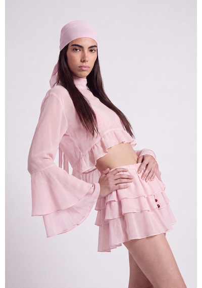 Holly Lolly Fırfırlı Bluzlu Şal Detaylı Etekli Şifon Jane Takım Pembe