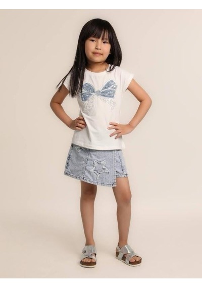 Escabel Kız Çocuk Fiyonklu İşlemeli T-shirt-15638 Beyaz