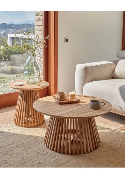 Side, Yuvarlak Country 2'li Çıtalı Orta Ve Yan Sehpa, Natural