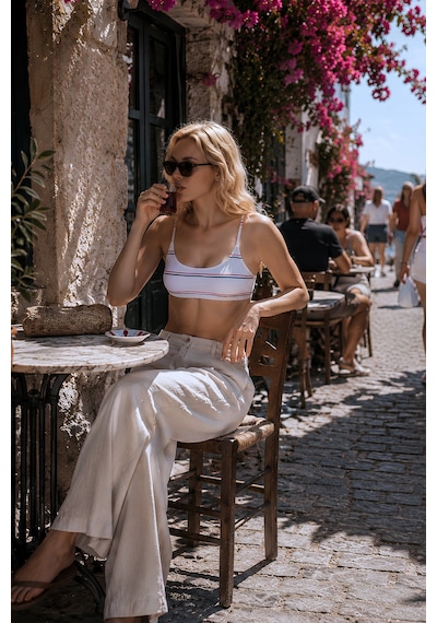 Riviera Beyaz / Kırmızı / Lacivert Çizgili Premium Bandeau Bikini Set-3454