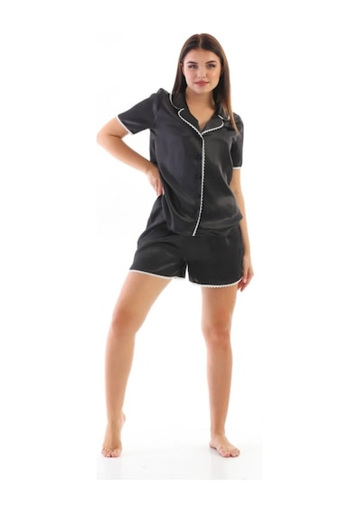 Kadın Siyah Saten Dokuma Dantel Biyeli Şık Pijama Takımı