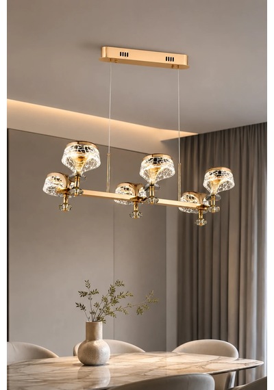 6'lı Gold Modern Premium 3 Renkli Ledli Sarkıt Avizesi Salon Mutfak Oturma Odası Şık Modelleri 28w