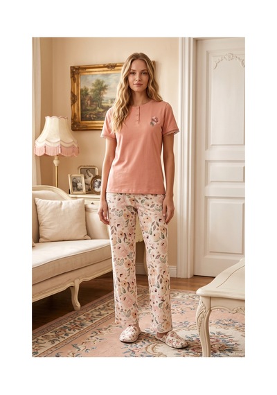 Remsa Kadın Kısa Kol Çiçek Desen Modal Pijama Takımı 3342 Turuncu
