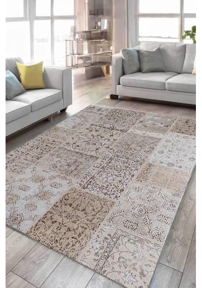 Çam Halı Siesta Patchwork 32-458 Etnik Eskitme Desenli Dokuma Tabanlı Yıkanabilir Şönil Salon Ve Oda Halısı Bej