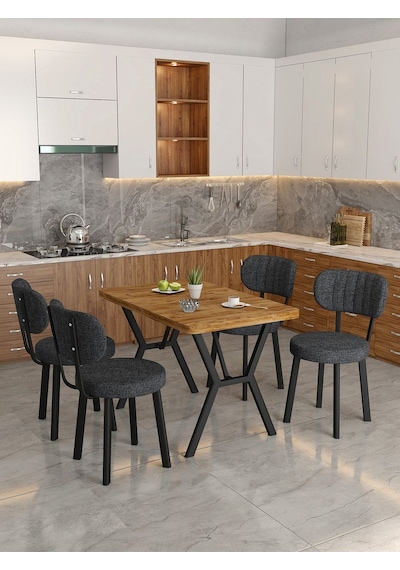 Azra 70x110cm Atlantik Mutfak Masası, Mutfak Masası Takımı, Yemek Masası, 4 Antrasit Sandalye Açık Gri