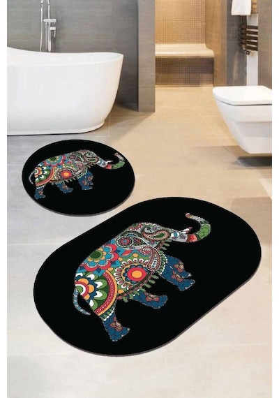 Siyah Filli Banyo Halısı Klozet Oval 2'li Paspas Seti Bs081n11