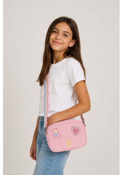 İcone Bag Denim Nakışlı Kız Çocuk Omuz Çantası, Denim İşlemeli Kız Çocuk Çantası, Kot Çocuk Çanta Pembe