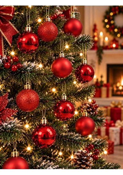 Ers 12'li Set 4 Cm Kırımızı Yılbaşı Ağacı Süsü Mat, Simli Ve Parlak Karışık Çam Ağacı Topu Noel Süsü Diğer