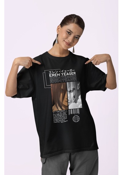 Tasarım Eren Yeager Attack On Titan Baskılı Unisex Oversize Anime Siyah