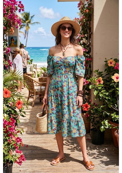 Lela Desenli Oversize Fit Carmen Yaka Büzgü Detaylı Midi Boy Bayan Elbise 67810557 Yeşil