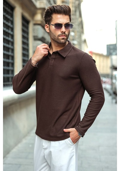 Madmext Acı Kahve Gömlek Yaka Dokulu Regular Fit Erkek Sweatshirt E7203 Acı Kahverengi