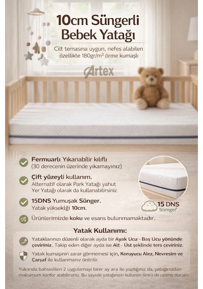 Artex 10cm Süngerli Bebek Çocuk Beşik Yatağı Cotton 70x110 Yıkanabilir Kılıflı Park Yatak Oyun Parkı 70 x 110 CM