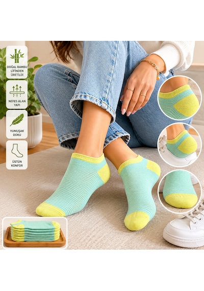 Km Collections 6'lı Set Özel Parfümlü Kadın Bambu Kısa Çorap Yeşil - Mavi