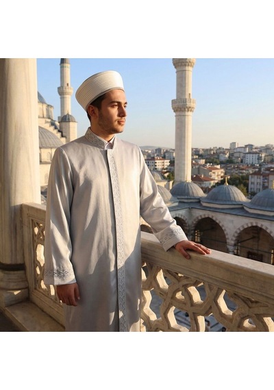 Lüks Tek Bordur Regaib İmam Cübbesi Gri Gümüş Çok Renkli