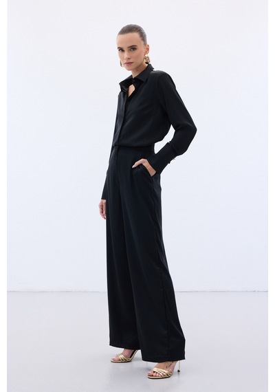 Sateen Jakarlı Pantolon - Siyah-136610 Siyah