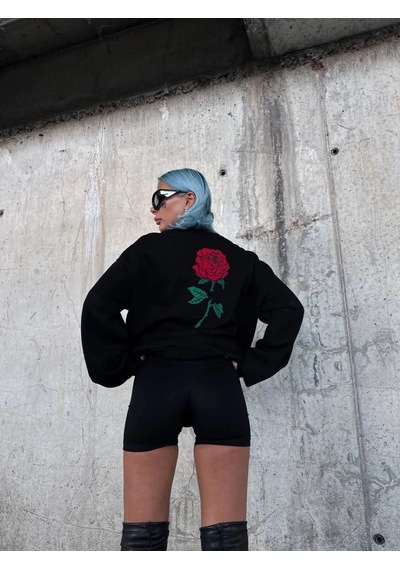 Mbb E-ticaret Kadın Oversize Kapüşonlu Cepli Gül Baskılı 3 İplik Pamuklu Hoodie Sweatshirt - Siyah