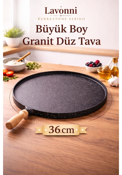 TerraStone 36 cm Granit Gözleme Bazlama Tavası – Yapışmaz Büyük Boy Saç Tava, Ahşap Saplı