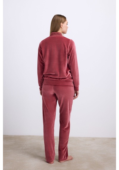 Man11560-1086 Anil Ev Giyim Anıl Kadın Kadife Dokulu Fermuarlı Uzun Kollu Sweatshirt Ve Pantolon Takım 11560 GÜL KURUSU