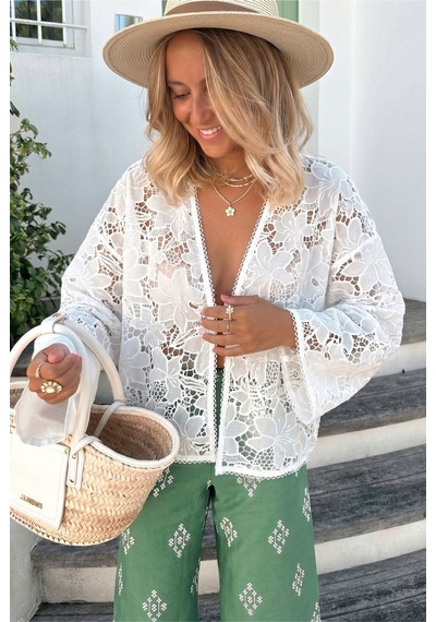 Femelle Kadın Beyaz Çiçek Desenli Dantel Kimono Ceket