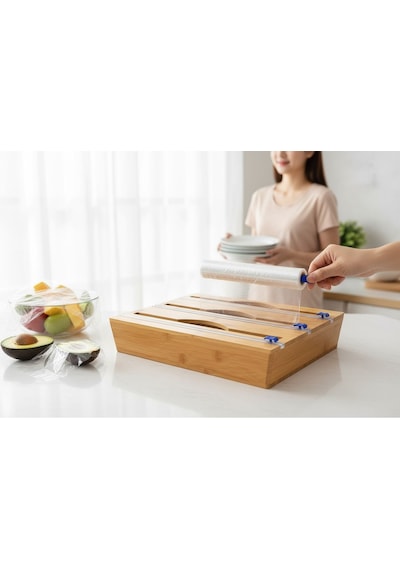 Bambu Ekmeklik Ekmek Dolabı - Streç Flim Folyoluk Tuzluk Karaberlik 4 Lü Set Açık Kahverengi